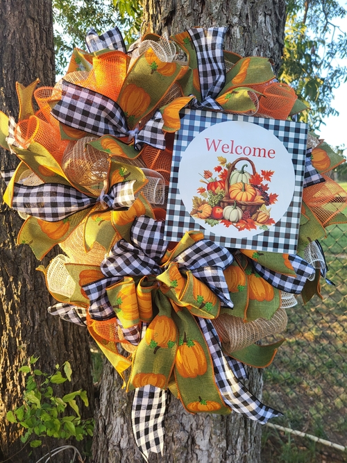 Welcome Fall Pumpkin Basket Deco Mesh 