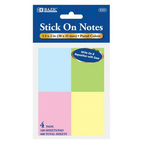 Bazic 5131  100 Ct. 1.5" X 2" Stick On Notes (4/Pack)   Case