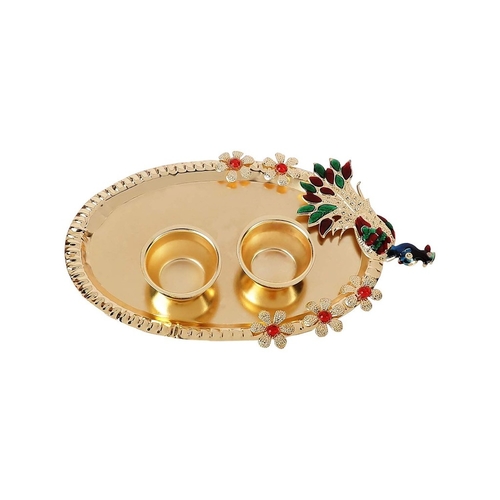 Designer Haldi Kumkum Golden Puja Thali/Rakhi Platter/Tilak Thali with