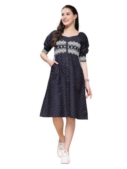 Denim Blue Geometric Print A-Line Dress (Size-XL) (COLOR-BLUE)