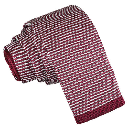 Pin Stripe Knitted Skinny Tie - White & Burgundy