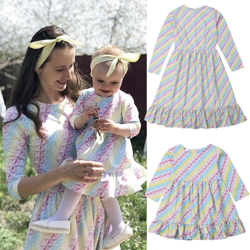 Mother And Daughter Colorful Rainbow Striped Dress