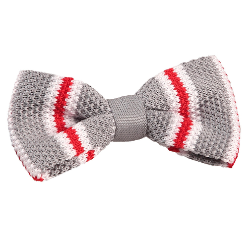 Knitted 3 Thin Stripe Bow Tie - Knitted Silver with Red & White Thin
