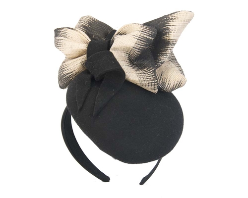 Black cream winter felt pillbox with bow for races F571B