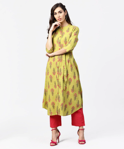 Printed 3/4th sleeve cotton assymetric kurta with pink pallazo