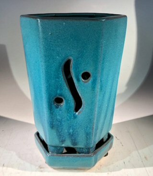 Blue / Green Ceramic Orchid Pot - HexagonWith Attached Humidity Drip