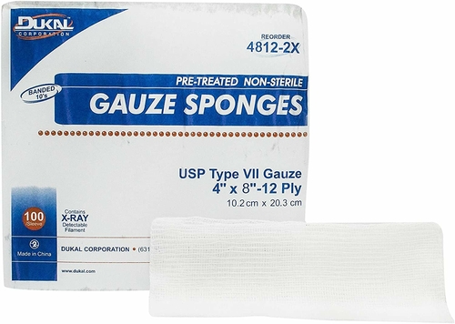 Dukal Type VII Gauze Sponges 4" x 8". Pack of 100 X-Ray Detectable