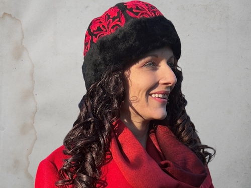 Handmade Black and Red Suede Embroidered Hat