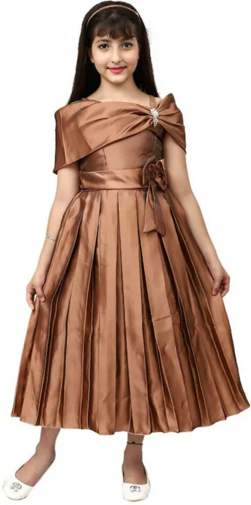 Girls Bow Design Full Length Party Dress (Size-3-4YEAR) (Color-BROWN)