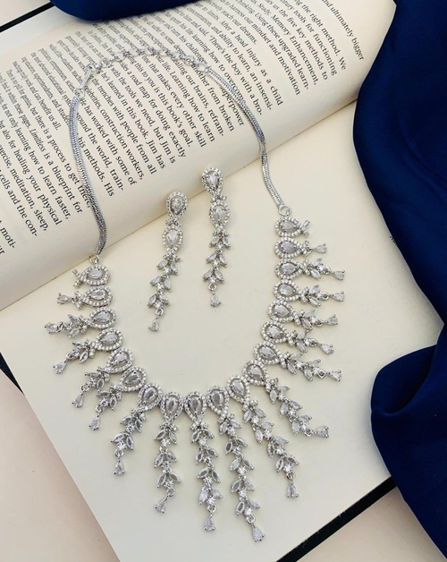 Statement Silver Plated American Diamond Necklace Set