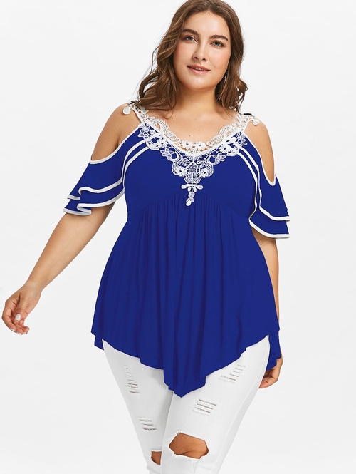  Plus Size Lace Solid V Neck Layered Cold