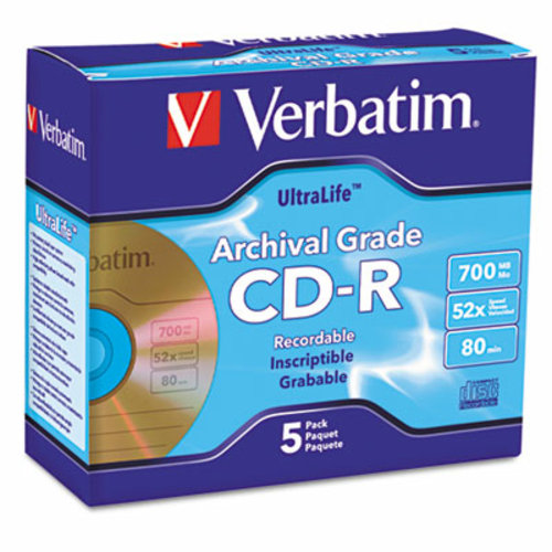 Verbatim 96319 CD-R Archival Grade Disc- 700MB- 52x- w/Jewel Case- Gol