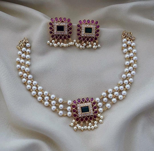 Gold plated beaded layer monalisa stone choker necklace set