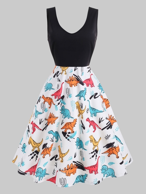  Women Plus Size Dinosaur Print Pin Up Dress