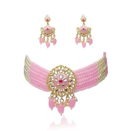 Handmade Gold Plated Artificial American Diamond Choker Necklace PINK