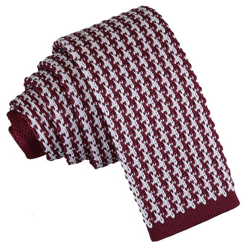 Houndstooth Knitted Skinny Tie - White & Burgundy