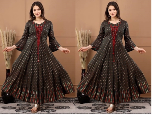 Women Floral Print Viscose Rayon Gown Kurta SIZE-S COLOR-GREEN (PACK