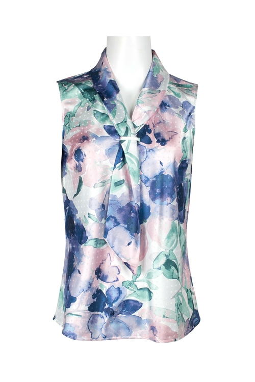 Tahari ASL Lapel Collar Sleevelss Multi Print Polyester Top