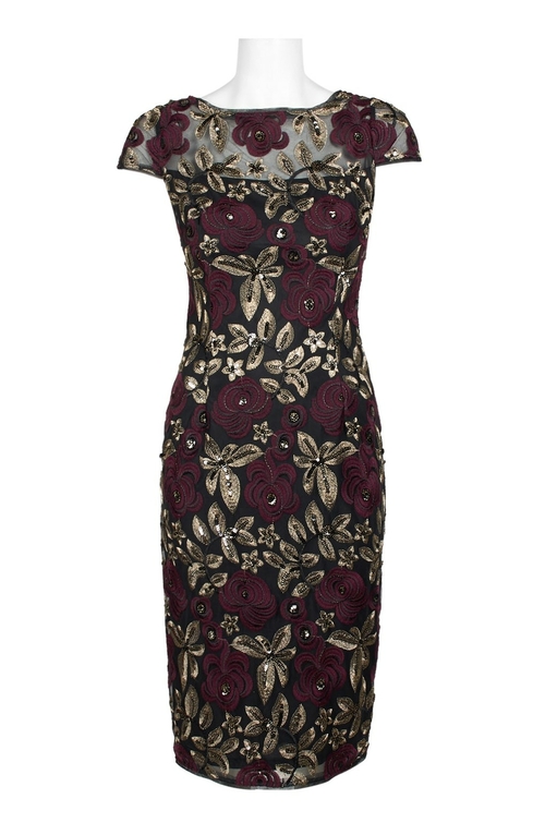 Adrianna Papell Boat Neck Cap Sleeve Bodycon Zipper Back Embroidered