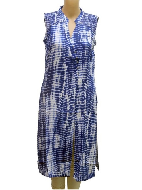 Blue Smoky Printed Front Slit Rayon Sleeveless