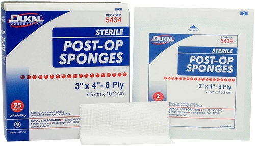 Post-Op Sponges 4" x 4". Pack of 50 Gauze Faced Sponges 8-ply. Sterile