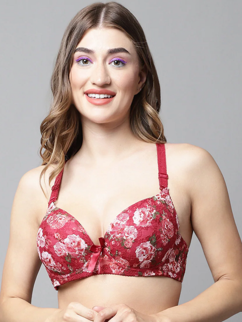 Red Lace Tshirt Bra(Size32)(Colorred)