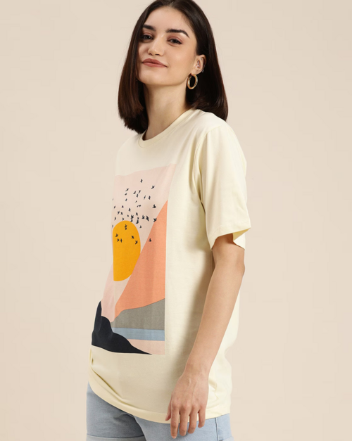 Graphic Print Crew-Neck Oversized T-shirt (SIZE-M) (COLOR-YELLOW)