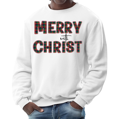 Mens Graphic Sweatshirt - Merry with Christ - Red and Green Plaid
