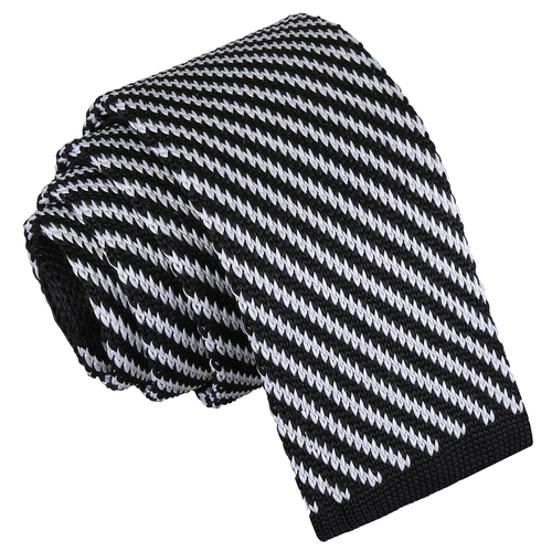 Diagonal Stripe Knitted Skinny Tie - Black & White