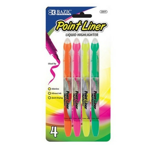 Bazic 2317 Pen Style Fluorescent Color Liquid Highlighters (4/Pack) Pa