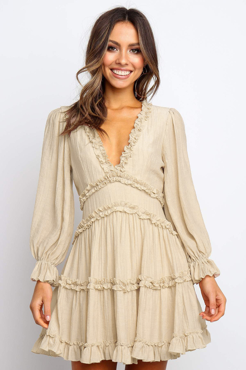 Beige V Neck Ruffle Detailing Open Back Dress