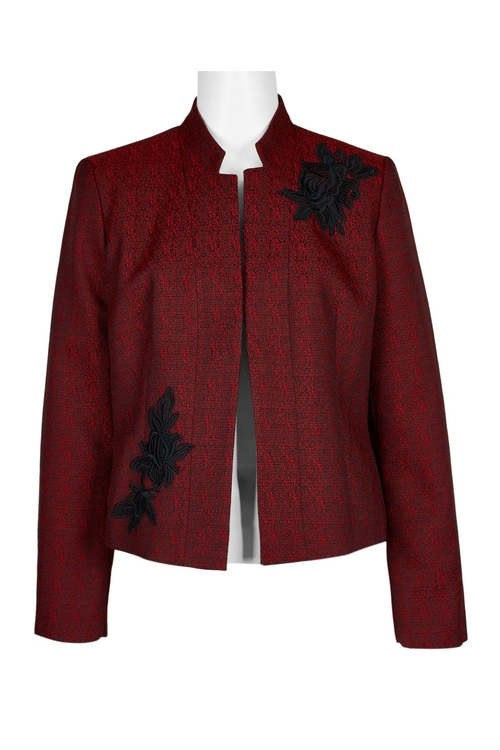 Evan Picone High Neck Long Sleeve Embroidered Open Front Twill Jacket