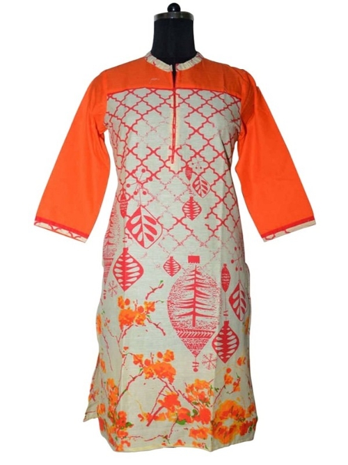 Orange Cotton Printed Kurti