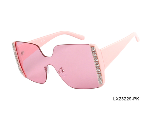 Pink Shield with Rhinestones Woman Sunglasses-LX23229