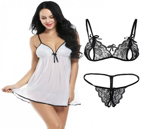 Women's Bra & Panty Set Self Design White, Black Lingerie Set (Size