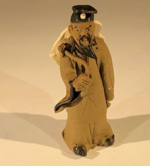 Ceramic Figurine -Mud Man Carrying Hat - 3"