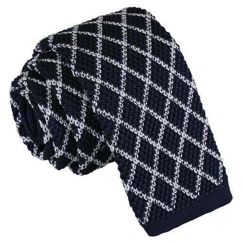 Diamond Grid Knitted Skinny Tie - White & Navy