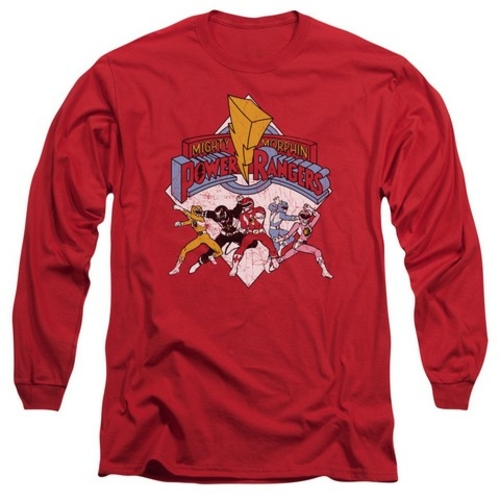 Trevco Power Rangers-Retro Rangers Long Sleeve Adult 18-1 Tee, Red
