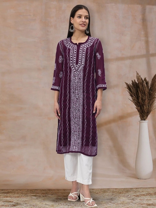 Women Hand Embroidered Chikankari Georgette Kurta with Slip (Size-M)