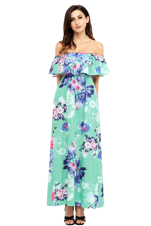 Flower Print Mint Grounding Off Shoulder Long Boho Dress