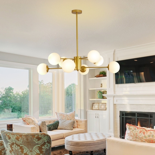 Modern 8-Light Gold Chandelier with White Glass Globe Shades,