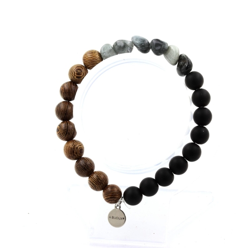 Hawk's Eye + Matte Black Onyx + wood Bracelet 8 mm Beads.