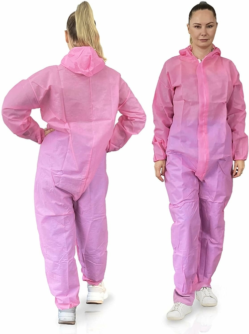 Disposable Coveralls. Pink Overalls with Elastic Cuffs and Ankles,
