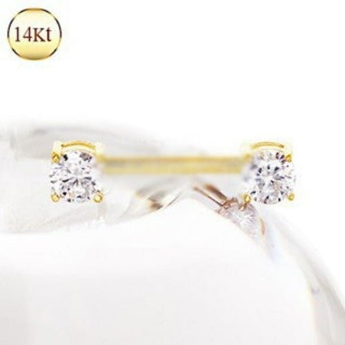 14Kt Yellow Gold Prong Setting CZ Nipple Bar