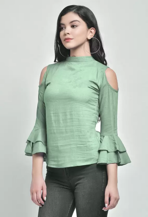 Casual Cold Shoulder Sleeves Self Design, Solid Top (Size-L) SEA GREEN