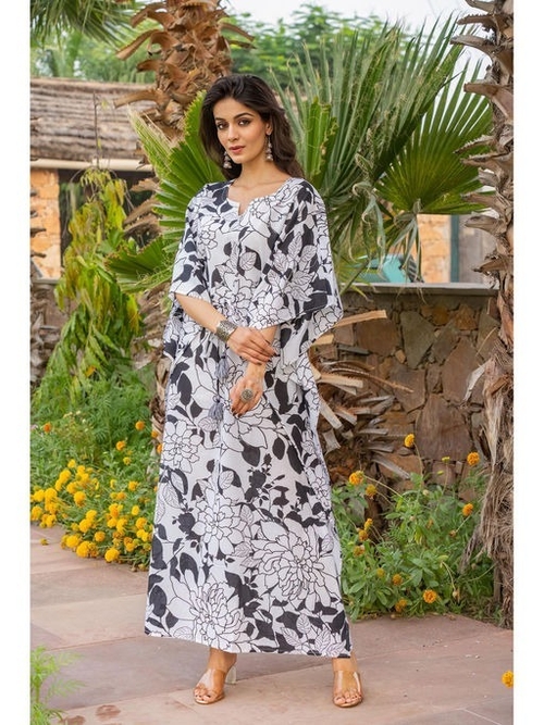 White Floral Long Kaftan Dress