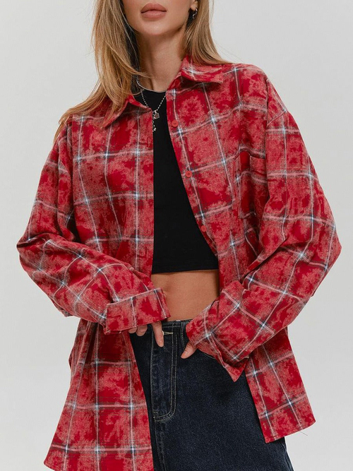 Retro Classic Cotton Red Plaid Shirt Summer New Street Head Style Old 