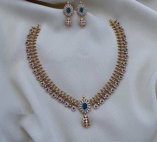 Gold plated cz matte finish necklace set Green Stone 