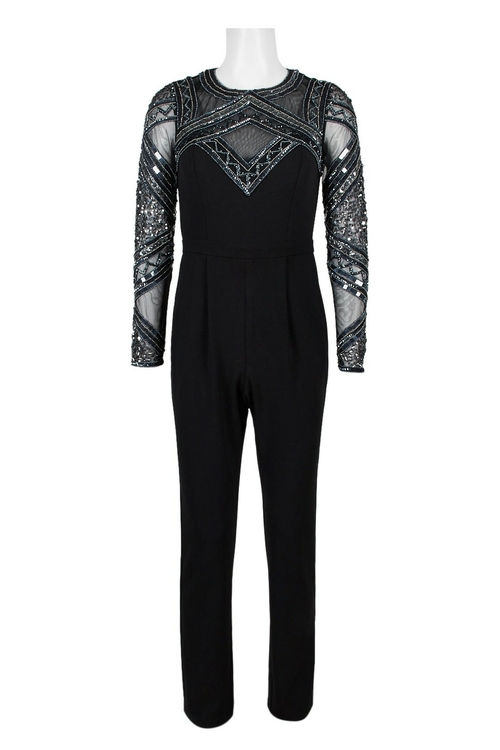 Aidan Mattox Crew Neck Long Sleeve Embellished Mesh Bodice Cutout Back