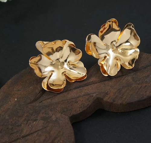 Gold Double Petel Flower Stud Western Earring (Color-GOLDEN)